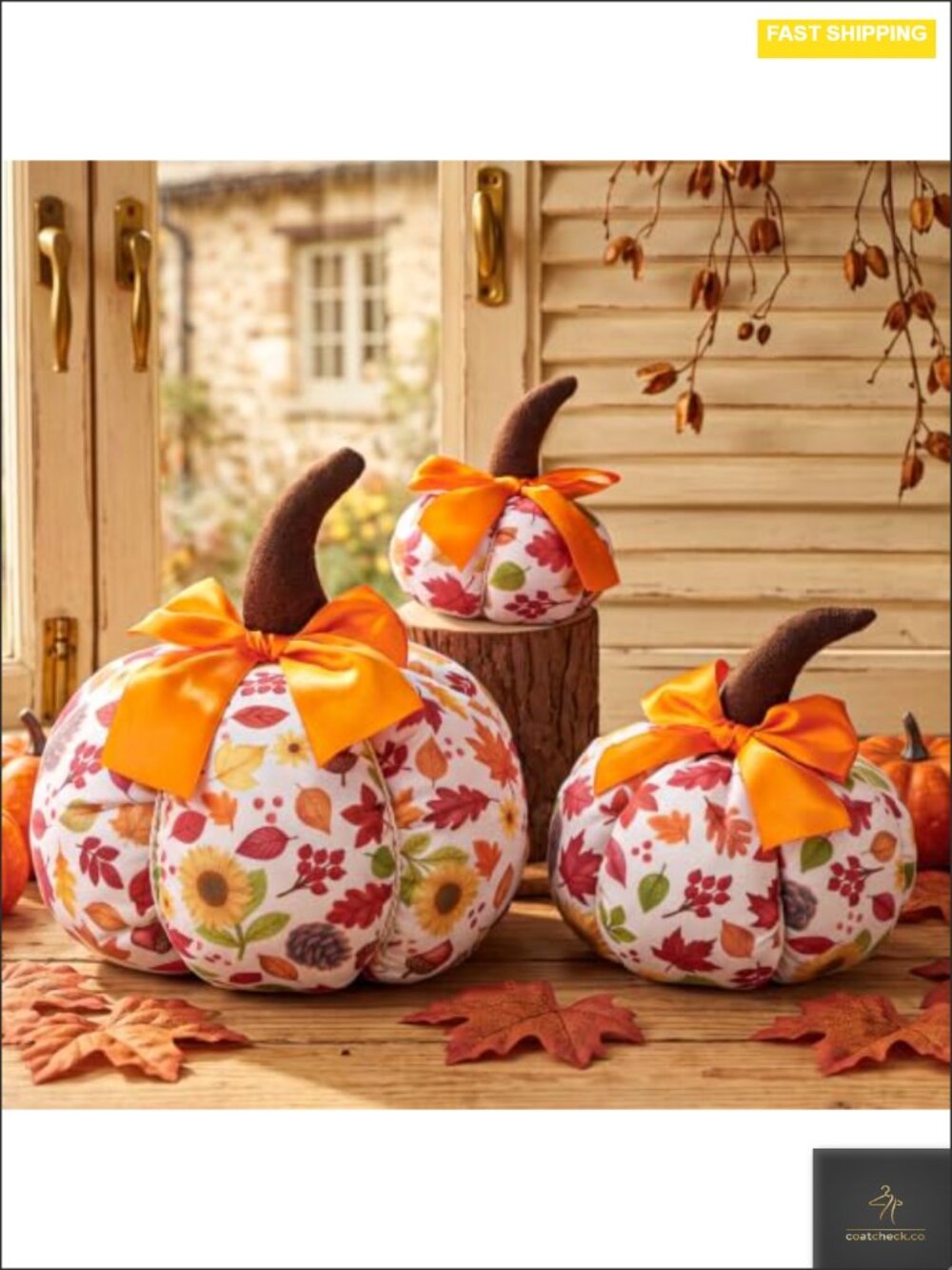 Set of 3 Artificial Pumpkins Fall Decor with Ribbon Bow Cotton Wood Stem